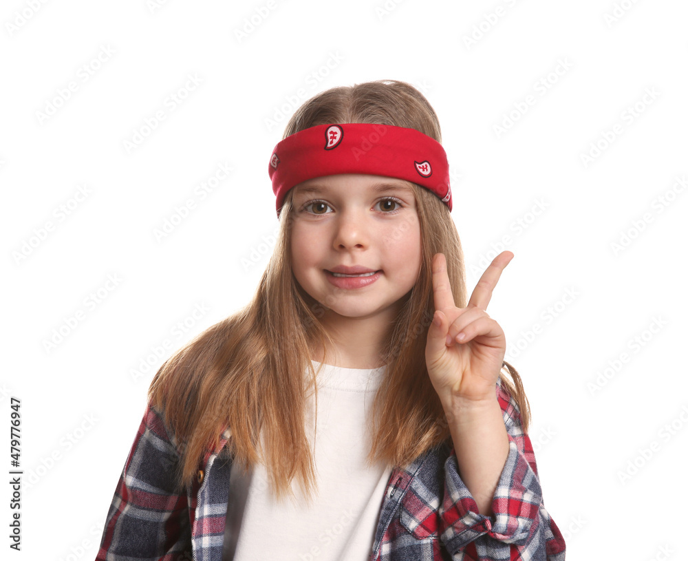 Cute little girl wearing stylish bandana on white background Cute little girl wearing stylish bandana on white background