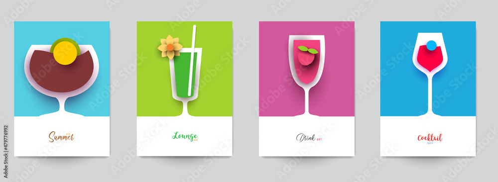 Set of abstract silhouette cocktails with alcohol or juice in minimalistic geometric flat style. Creative colorful composition. Concept for branding menu, cover, flyer, banner. Vector illustration.