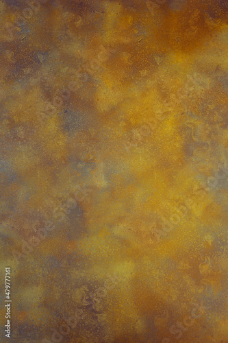 Conceptual abstract landscape painting on a rusty, weathered, and stained surface as a textured artistic background. Hand-painted backdrop.
