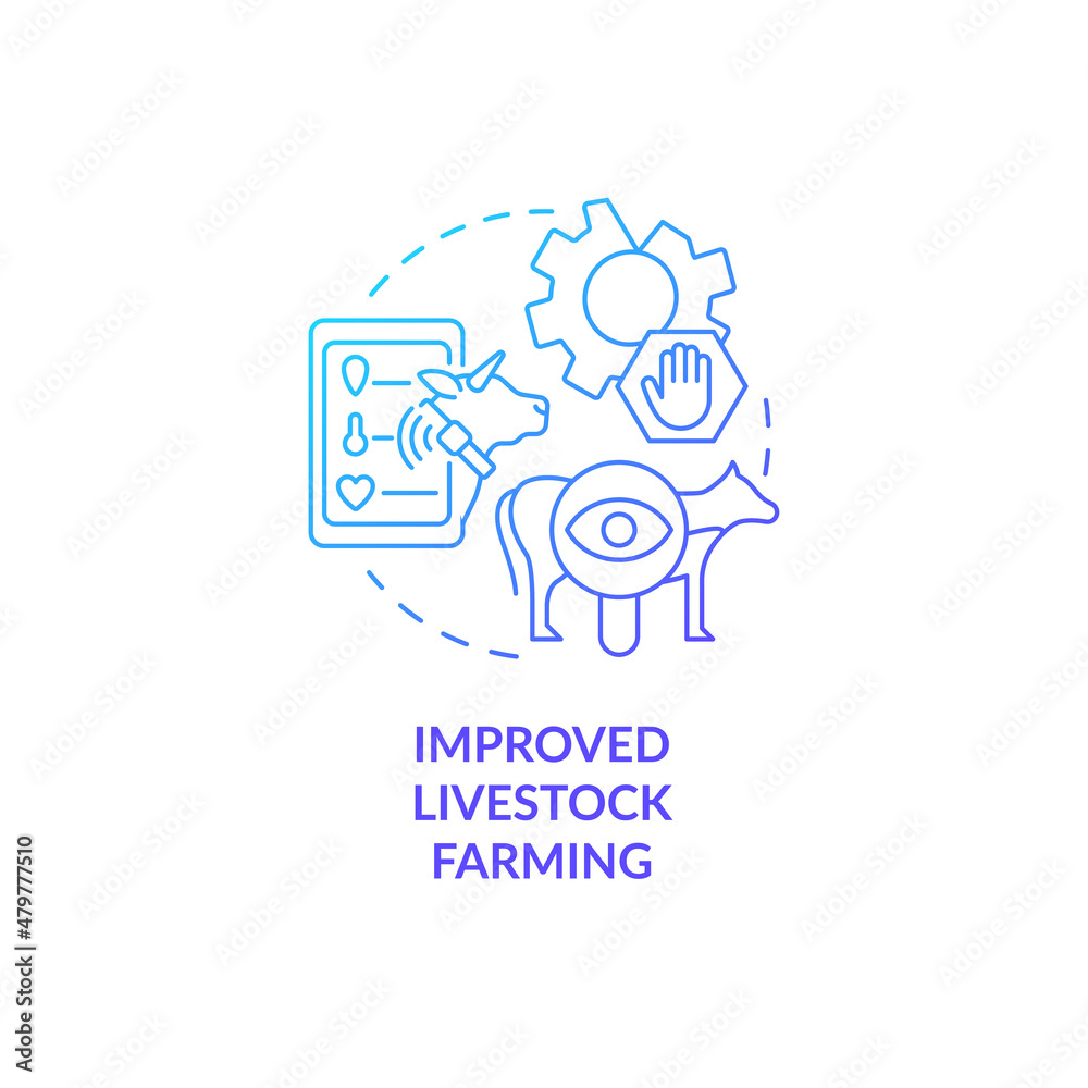 Improved livestock farming blue gradient concept icon. Increasing animal welfare abstract idea thin line illustration. Isolated outline drawing. Roboto-Medium, Myriad Pro-Bold fonts used