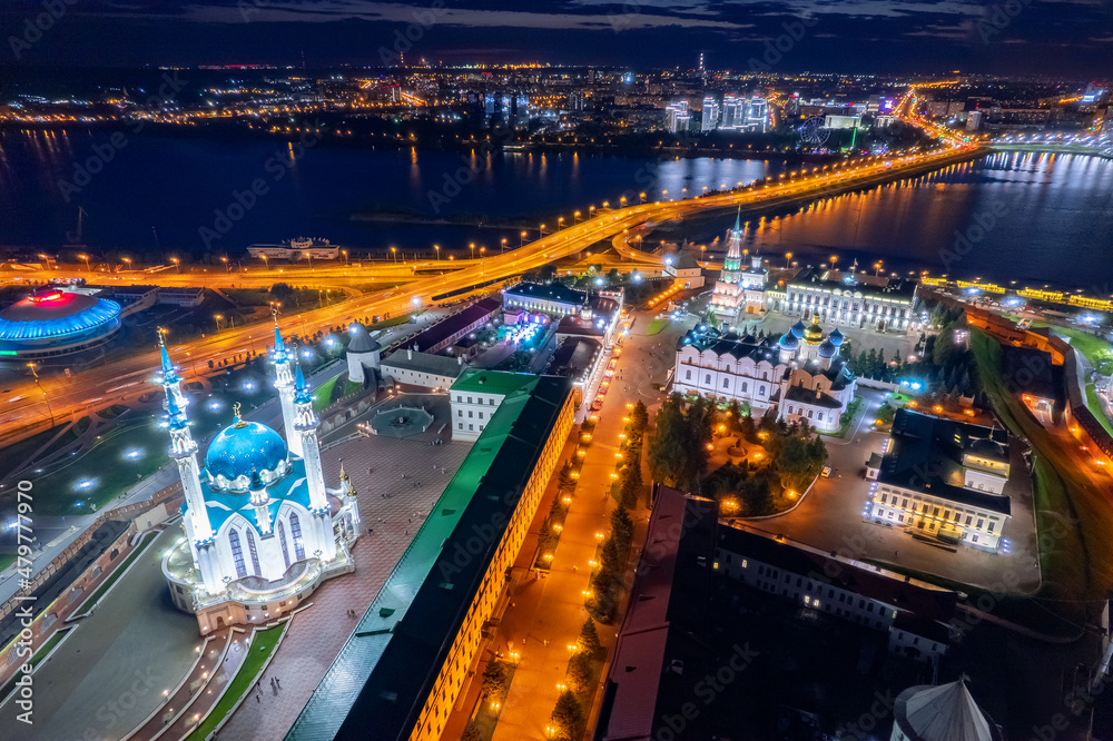 Aerial top view sunset panorama cityscape of Kazan Kremlin Kul Sharif mosque of Tatarstan Russia