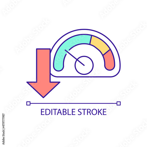Reduction of power load RGB color icon. Equipment data meter. Smart grid system component. Isolated vector illustration. Simple filled line drawing. Editable stroke. Arial font used