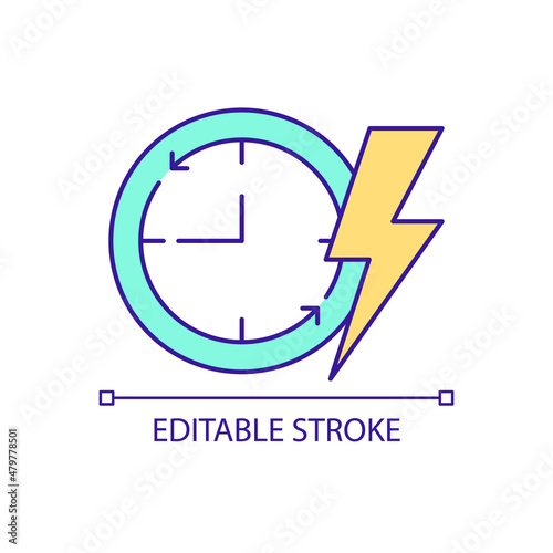 Time of electric network load reduction RGB color icon. Planning energy consumption. Lower tariff period. Isolated vector illustration. Simple filled line drawing. Editable stroke. Arial font used