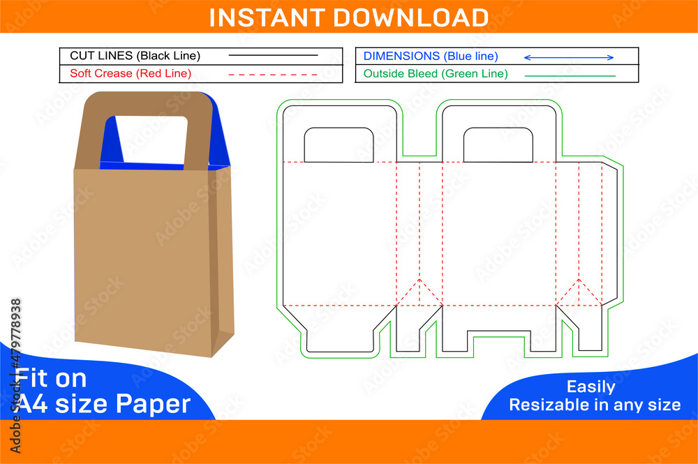 Shoe paper box with handle, Gift box Dieline template and 3d box design ...