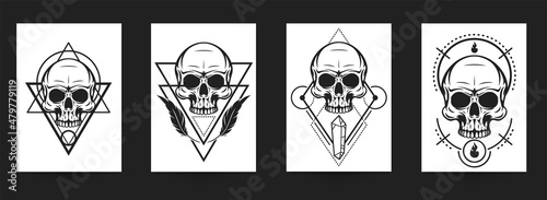 Set of hand drawn art composition with skulls in monochrome vintage style isolated on white background. Collection templates for banner, poster, tattoo. Modern design elements. Vector illustration.