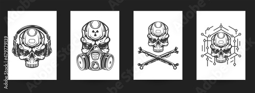 Set of hand drawn art composition with skulls in monochrome vintage style isolated on white background. Collection templates for banner, poster, tattoo. Modern design elements. Vector illustration.