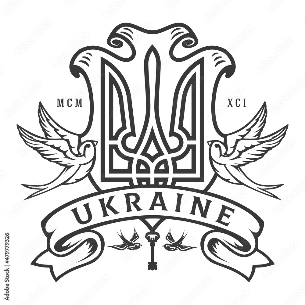 Coat of arms Ukraine with monochrome swallows, ribbon and key isolated on white background. Creative design composition for print, branding. Vector illustration. Coat of arms Ukraine with monochrome swallows, ribbon and key isolated on white background. Creative design composition for print, branding. Vector illustration.