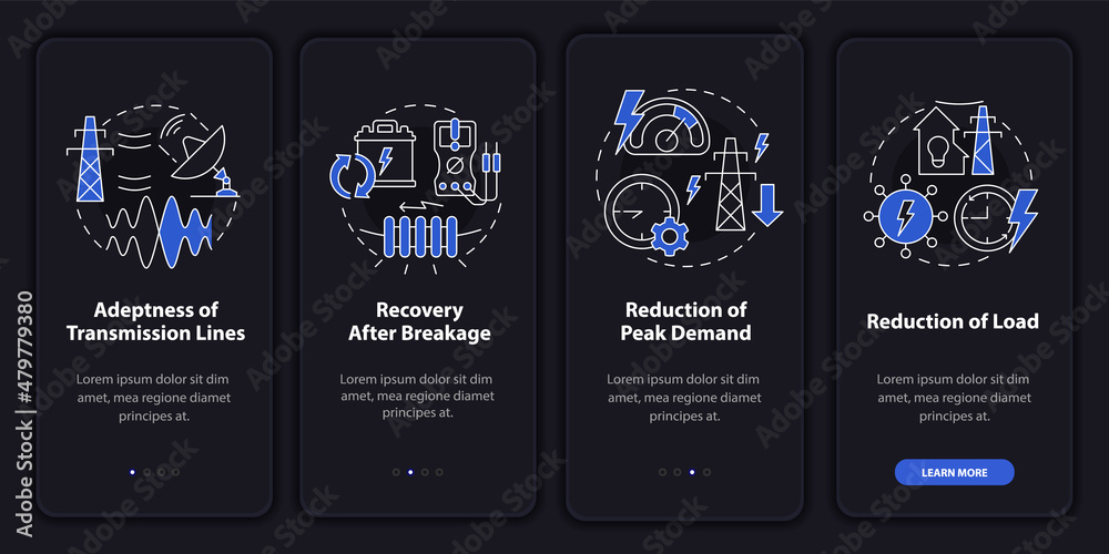 Applications of smart grid night mode onboarding mobile app screen. Power walkthrough 4 steps graphic instructions pages with linear concepts. UI, UX, GUI template. Myriad Pro-Bold, Regular fonts used