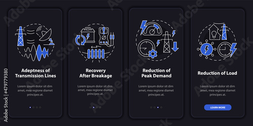 Applications of smart grid night mode onboarding mobile app screen. Power walkthrough 4 steps graphic instructions pages with linear concepts. UI, UX, GUI template. Myriad Pro-Bold, Regular fonts used