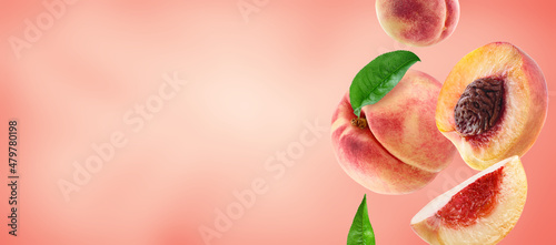 peach fruit and peach slices  flying on peach colour background. Background for packaging and label design