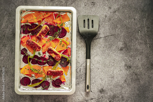 Baked Pumpkin and Beetroot, Roasted Sheet Pan Vegetables. Vegan cuisine close-up. Homemade Oven Vegetable Recipes