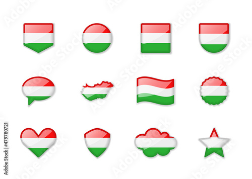 Hungary - set of shiny flags of different shapes.