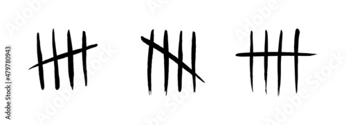 Tally marks set on white background. Collection of black hash marks signs of prison wall, jail or desert island lost day tally numbers counting. Chalk drawn sticks lines counter. Vector illustration
