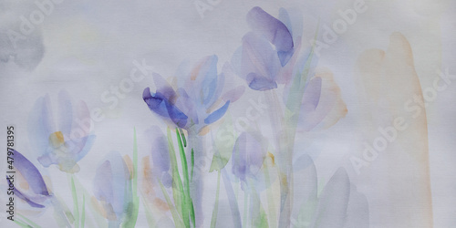 Relax background with crocuses. Spring violet flowers. Young plant illustration. Pastel colors neutral painting. Crumpled wet paper texture. Simple delicate wallpaper. Effortlessness concept.