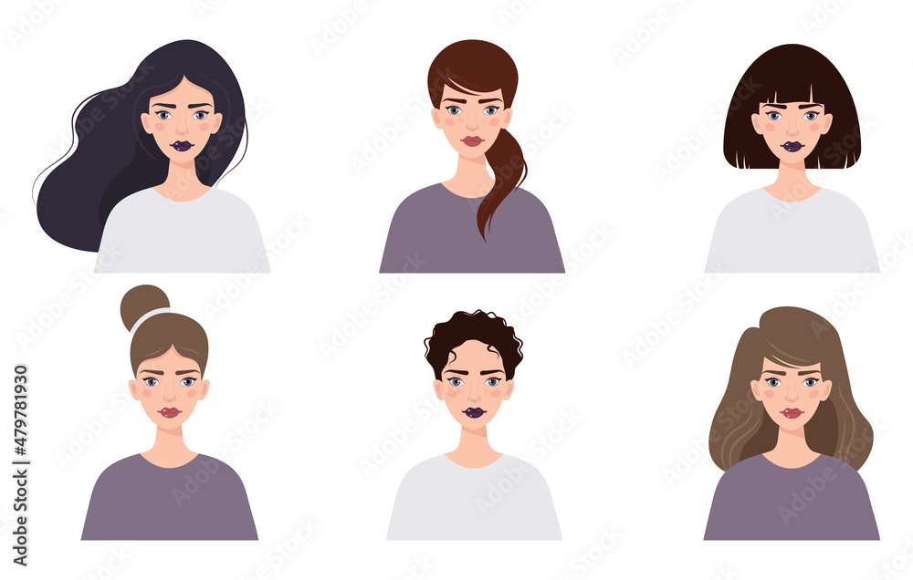 A set of portraits of women with different hairstyles. Social network avatars. Diversity. Vector flat illustration.
A set of portraits of women with different hairstyles. Social network avatars. Diversity. Vector flat illustration.