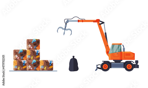 Waste Management or Garbage Processing with Machine Engaged in Trash Treatment Vector Set