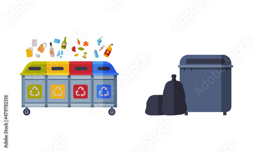 Sorting Garbage with Dustbin and Recycle Trash Object Vector Set