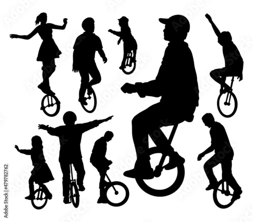 male people playing one wheel bicycle silhouette
