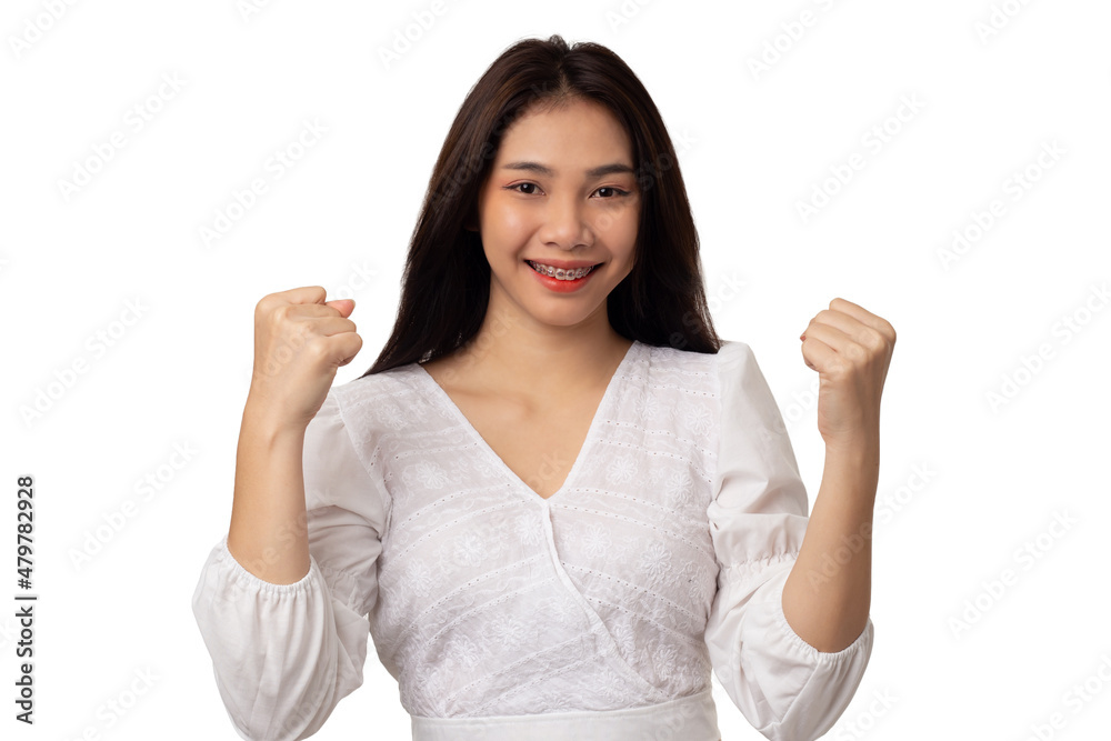 Portrait Asian Young Woman are happy isolated on white background,female very happy and excited doing winner gesture with arms raised smiling and success celebration Portrait Asian Young Woman are happy isolated on white background,female very happy and excited doing winner gesture with arms raised smiling and success celebration