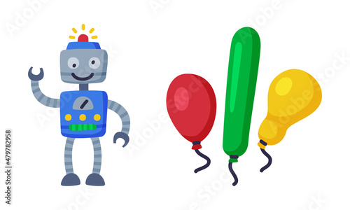Balloon and Robot as Colorful Kids Toy Vector Set