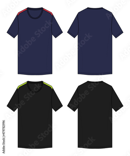 Black and navy color Short sleeve Basic T shirt overall technical fashion flat sketch vector illustration template front and back views. Apparel clothing mock up for men's and boys.