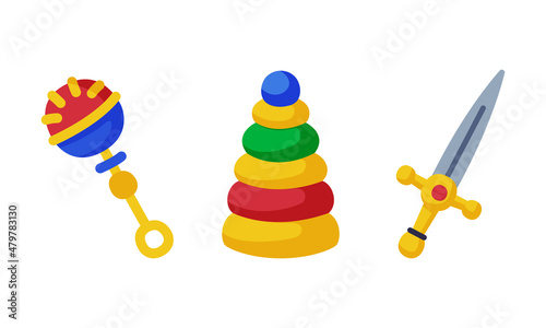 Rattle and Pyramid as Colorful Kids Toy Vector Set