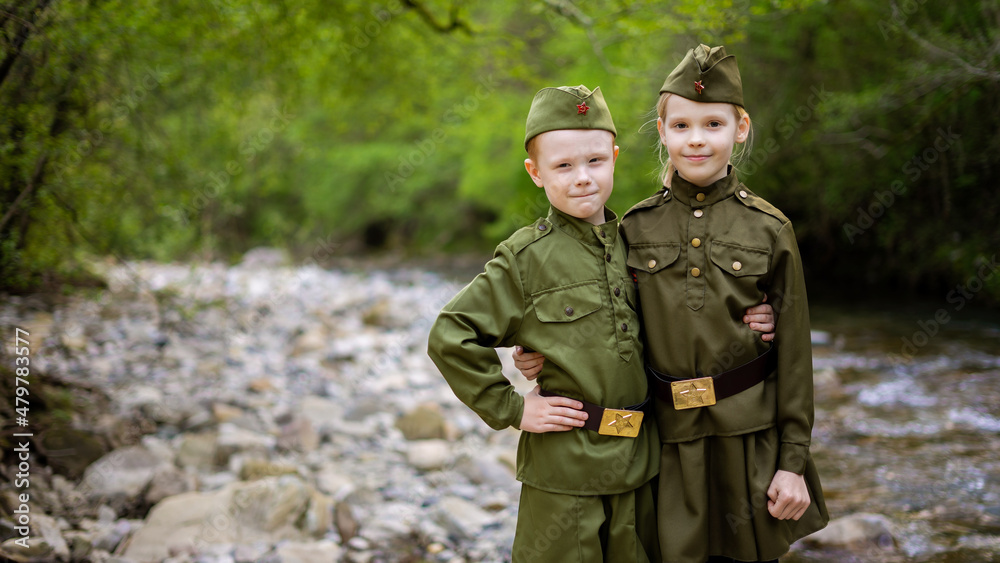 Children in military uniform of the USSR, Military children, Child soldiers,  Children in nature, A girl and a boy in military uniform