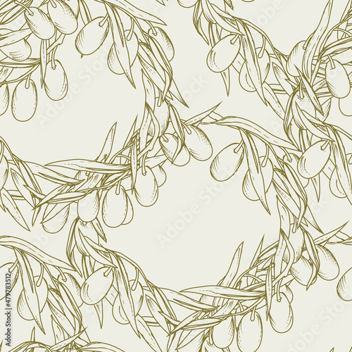 Olives vector seamless pattern design. Endless background design for olive oil, food wrapping and packaging, natural cosmetics, vector illustration in hand drawn outline style.