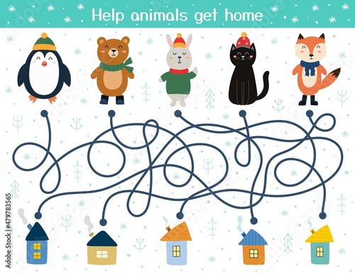 Help the cute animals find their homes. Winter maze game for kids. Preschool activity page. Find the way to the houses puzzle. Vector illustration