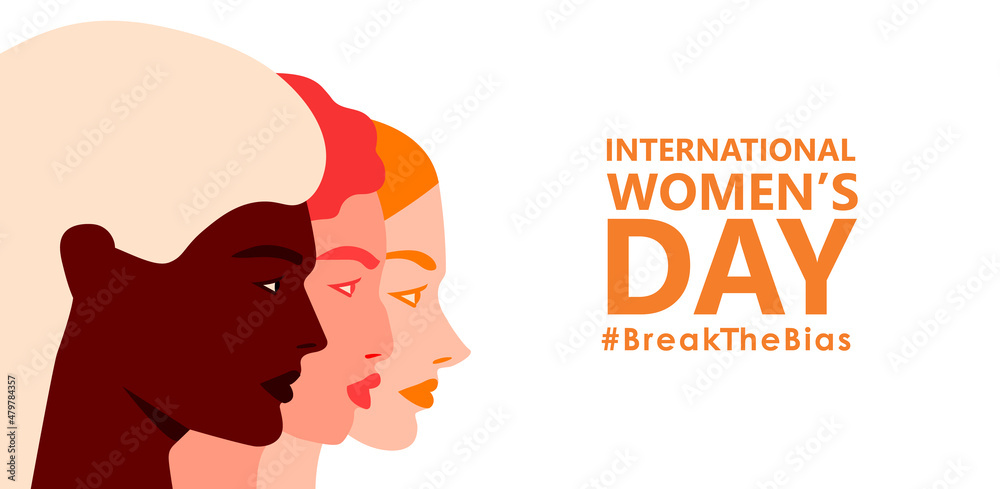 International womens day. 8th march. Horizontal poster with three female faces. Break The Bias campaign. Vector illustration in flat style for greeting card, postcard, web, banner. Eps 10