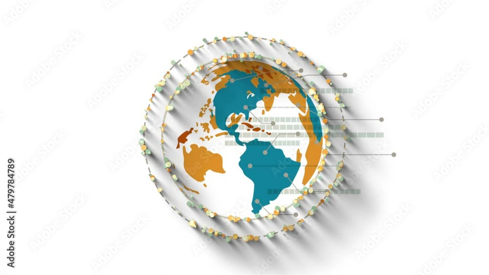 Globe with global analysis of data and statistics, information flow, rotating particles as flat video motion infographics animation