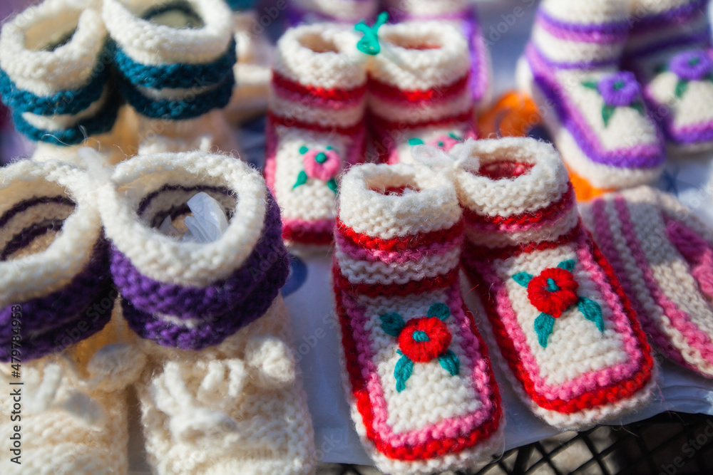 Handmade wool winter retro knitted colorful socks .