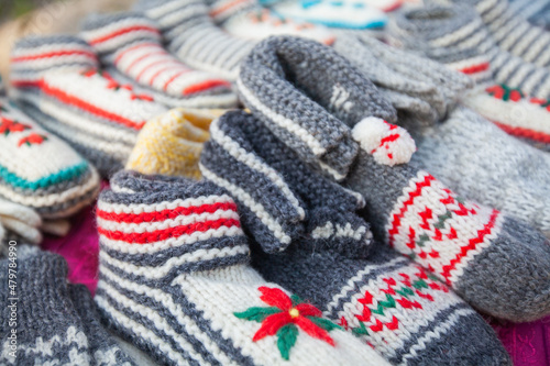 Handmade wool winter retro knitted colorful socks .