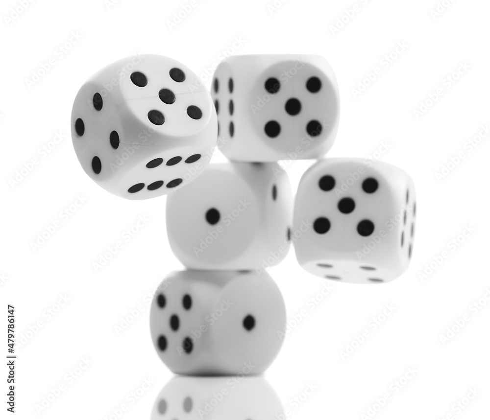 Playing dice for gambling and tabletop games, flying in air, poker isolated on white background, clipping path Playing dice for gambling and tabletop games, flying in air, poker isolated on white background, clipping path