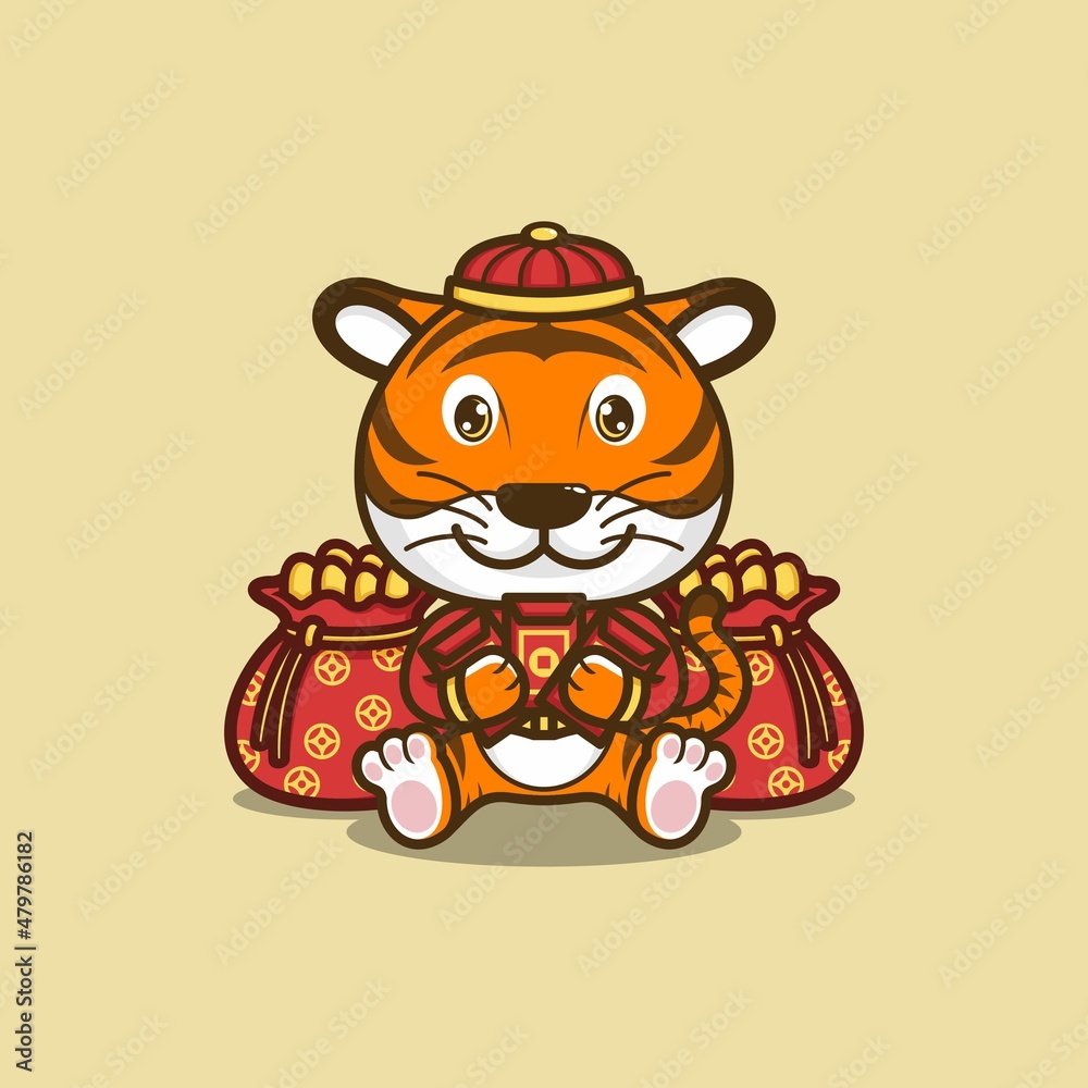 cute cartoon tiger in chinese new year. vector illustration for mascot logo or sticker cute cartoon tiger in chinese new year. vector illustration for mascot logo or sticker