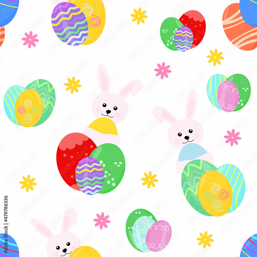 seamless cute patterns with decorative Easter eggs and a rabbit on a white background for printing on fabric or gift wrapping. Vector flat illustration