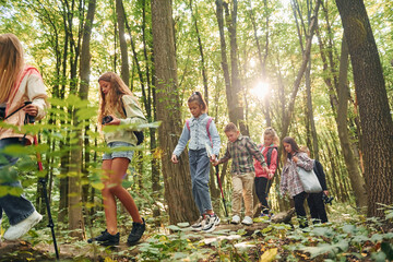 Walking together. Kids in green forest at summer daytime together