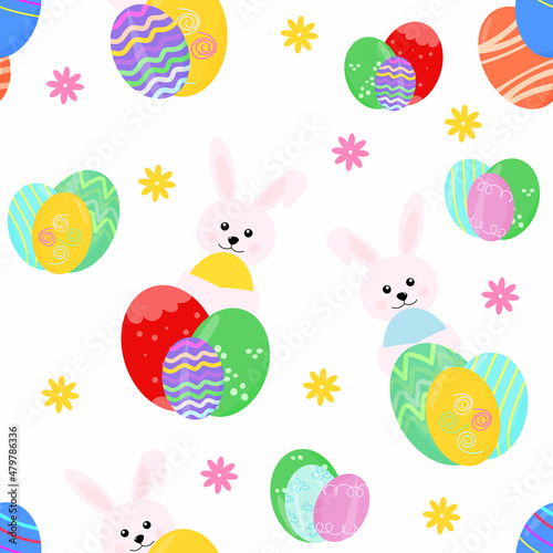 seamless cute patterns with decorative Easter eggs and a rabbit on a white background for printing on fabric or gift wrapping. Vector flat illustration