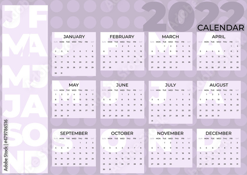 Calendar 2022. Monthly calendar with light lilac abstract background. Week starts on Sunday, vector illustration.