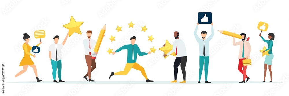 Customer feedback, testimonial, online survey concept. Group of people rating customer experience, writing review, leaving feedback. Client, user satisfaction. Isolated flat vector illustration Customer feedback, testimonial, online survey concept. Group of people rating customer experience, writing review, leaving feedback. Client, user satisfaction. Isolated flat vector illustration