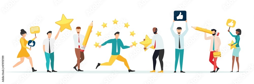 Customer feedback, testimonial, online survey concept. Group of people rating customer experience, writing review, leaving feedback. Client, user satisfaction. Isolated flat vector illustration