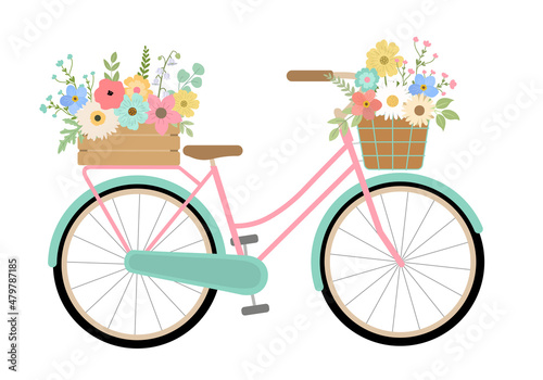 Hand drawn spring floral turquoise bike. Isolated on white background. Vector illustration. Retro bicycle with colorful flowers in crate and basket.