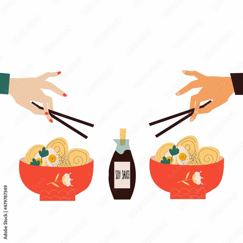 Vector illustration of Asian food rice noodle and human hands that hold chopsticks. Poster or menu for southeastern cuisine. Vector illustration of Asian food rice noodle and human hands that hold chopsticks. Poster or menu for southeastern cuisine.