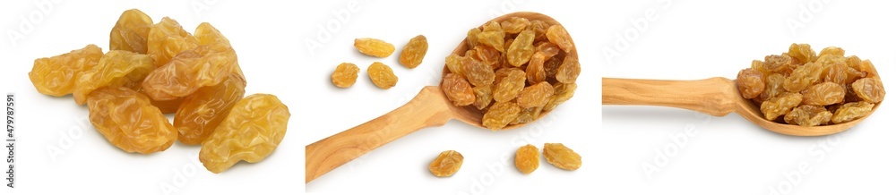 Yellow raisin isolated on white background with clipping path. Top view. Flat lay. Set or collection
