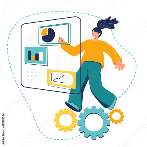 vector illustration female character pondering an idea. prepare the launch of a business project. career rise to success, flat color icons, business analysis