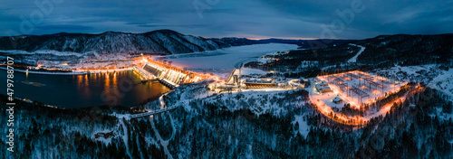 Winter landscape, view of the hydroelectric daь photo