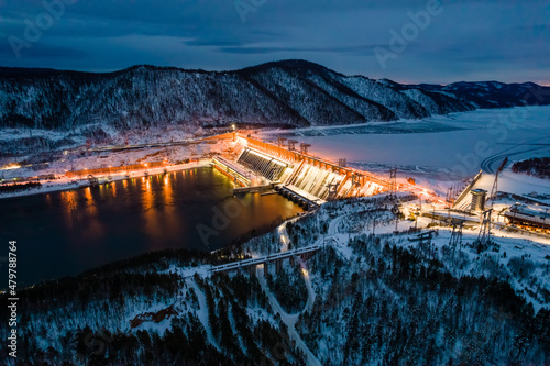 Winter landscape, view of the hydroelectric dam