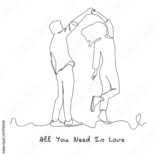 Young couple dancing, one line drawing. Minimalism on a white background. Inscription: All You Need Is Love