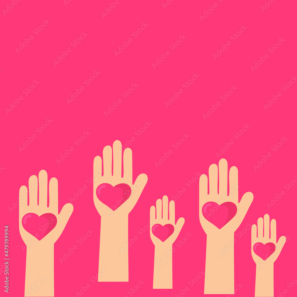 Volunteering illustration. Hands of different people raised up with hearts in their hands. Ilsolated graphic element. Vector. Volunteering illustration. Hands of different people raised up with hearts in their hands. Ilsolated graphic element. Vector.