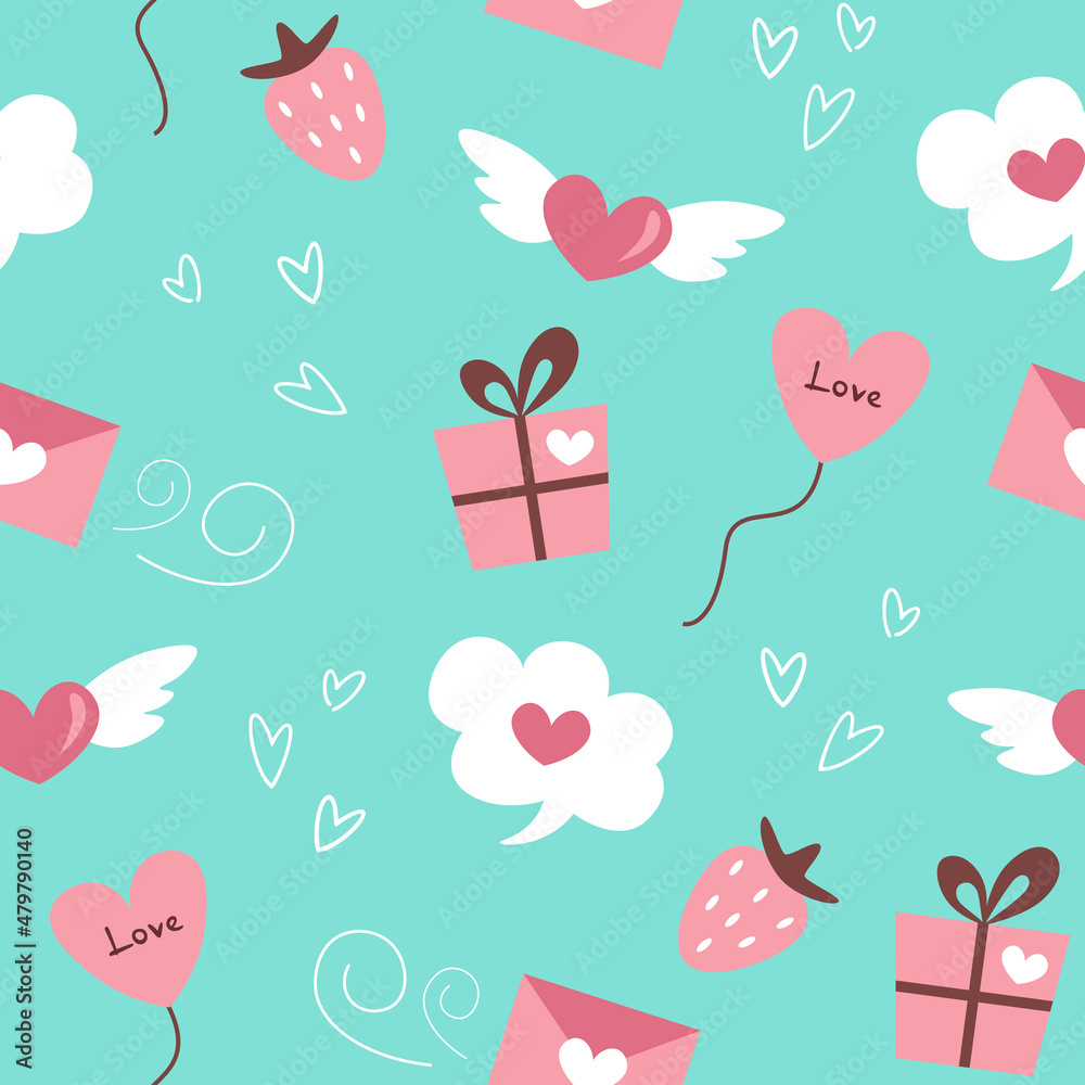 Valentine's day seamless pattern. Gift boxes, heart balloons, speech bubble, strawberry, love letter and doodle elements. Valentines day, love or wedding seamless background. Vector illustrations. Valentine's day seamless pattern. Gift boxes, heart balloons, speech bubble, strawberry, love letter and doodle elements. Valentines day, love or wedding seamless background. Vector illustrations.